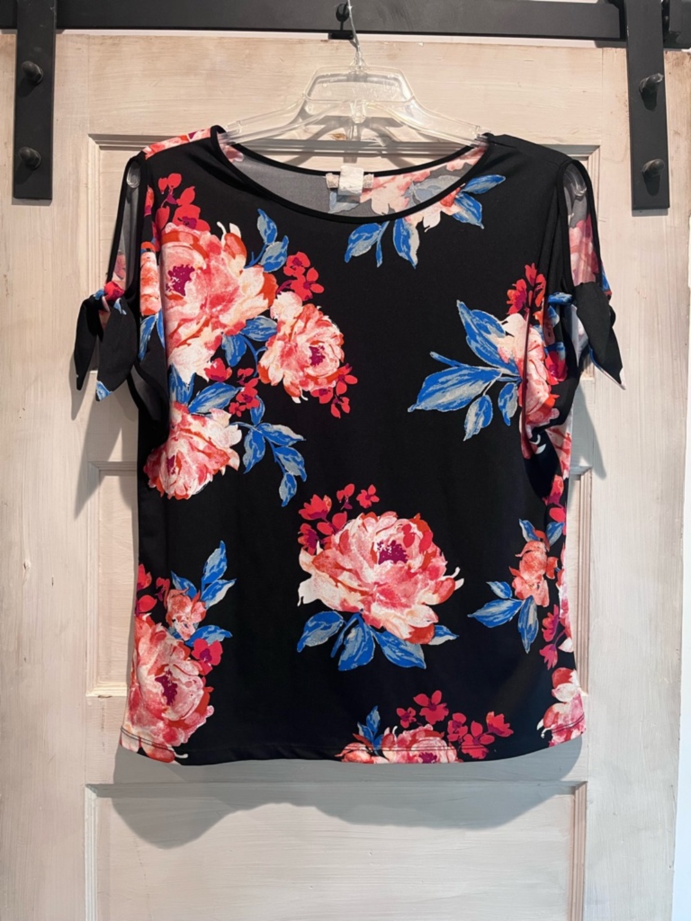 Black Floral Tie-Shoulder Blouse with Pink and Blue Blooms